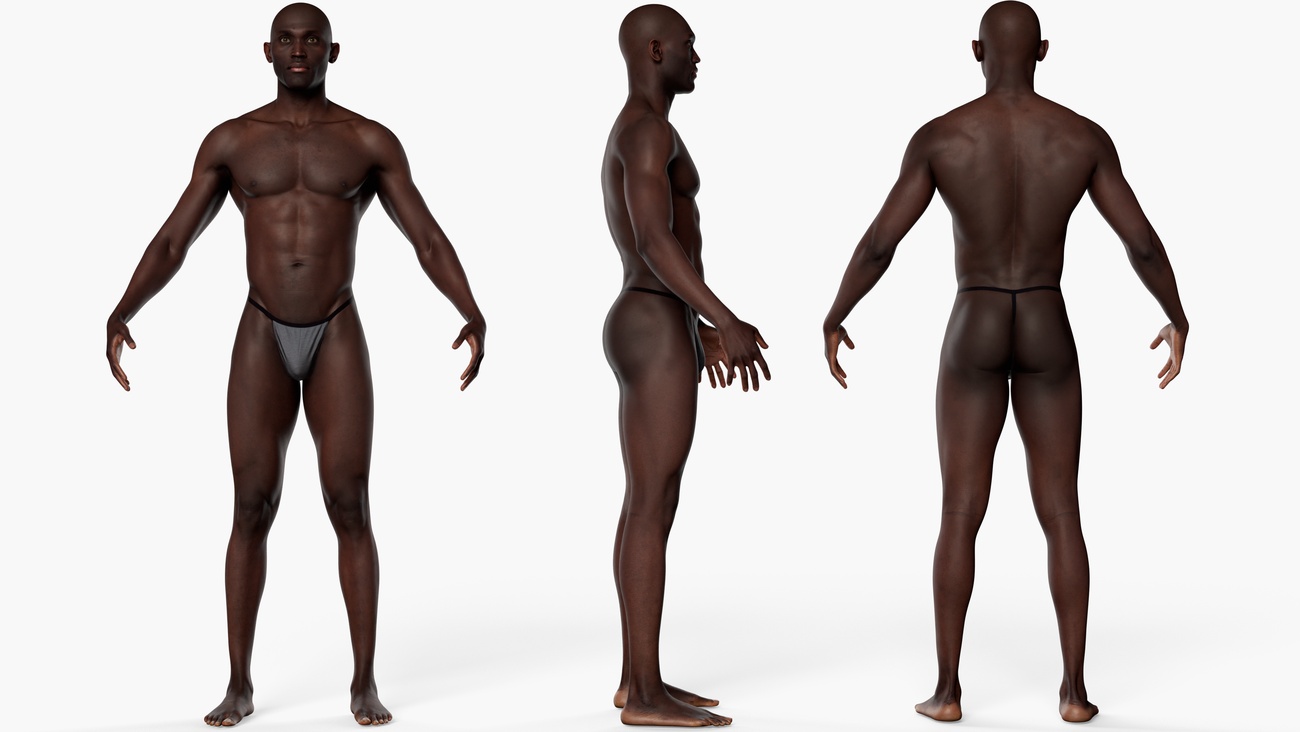 Lean athletic male full body 3D scan Full body 3D scan of a lean athletic male with defined musculature and smooth skin, retopologised quad mesh model